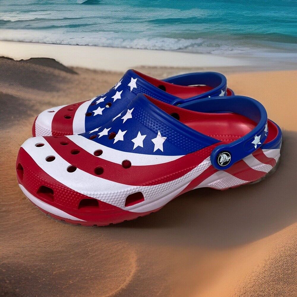 Crocs Classic American Flag Clogs Men 9 Women 11 Patriotic 4th of July Red Blue